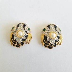 Vintage Black Enamel Clip On Earrings Clear Green Rhinestone Pearl Gold Tone